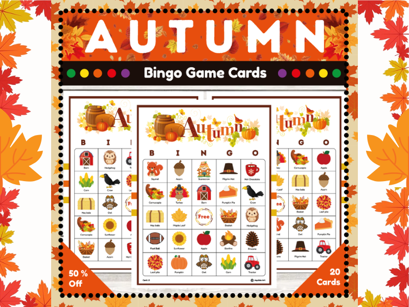 Autumn Harvest Bingo Game Cards : Fun Fall Party Activity for Young Learners