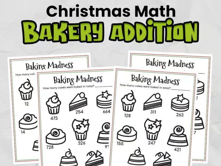 Christmas Math Activity: Add the Cakes — Festive Addition Worksheets for Gr3-5