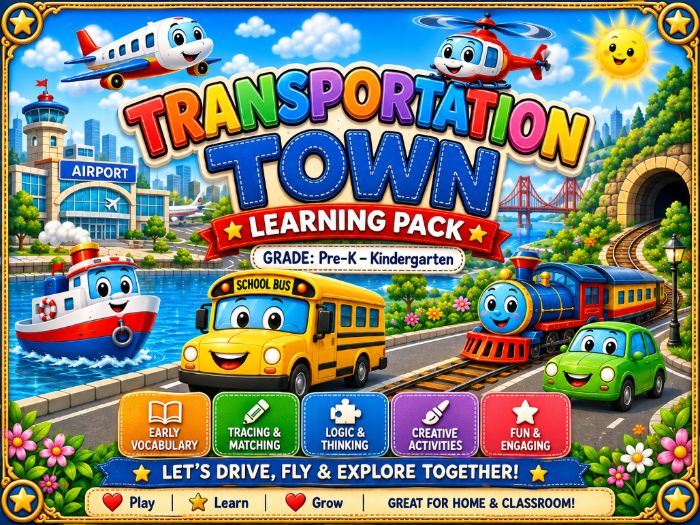 Transportation Town Learning Pack | Pre-K & Kindergarten Math, Tracing, Matching & Vocabulary