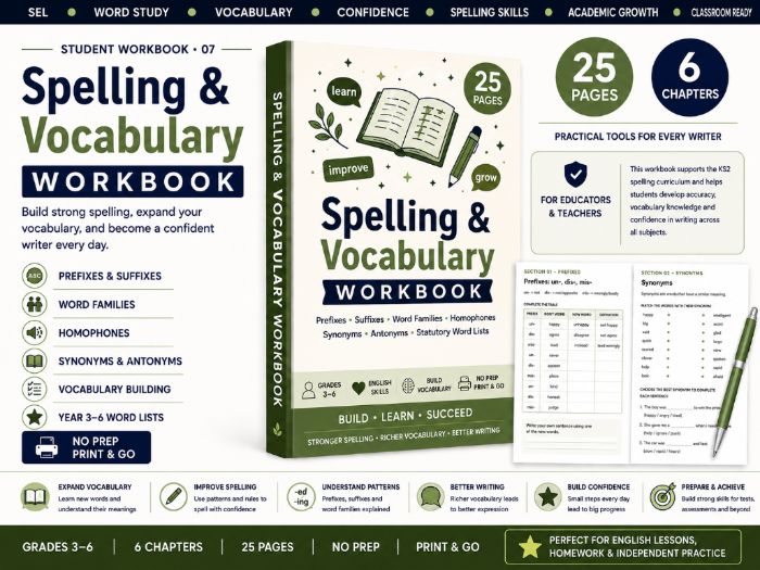 KS2 Spelling & Vocabulary Workbook | Prefixes, Suffixes, Homophones & Word Lists