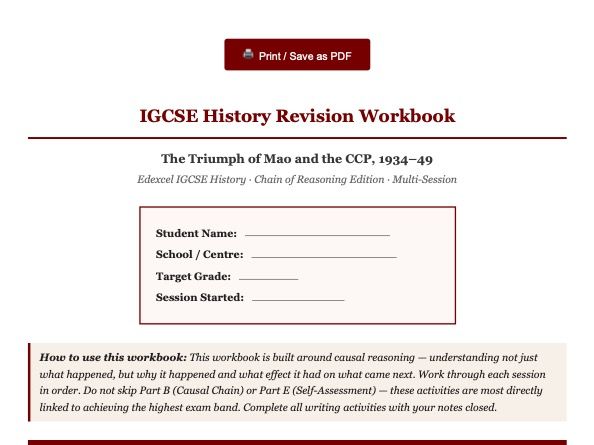 IGCSE History China Revision Workbook – Mao & CCP Victory 1934–49 | Edexcel | Chain of Reasoning