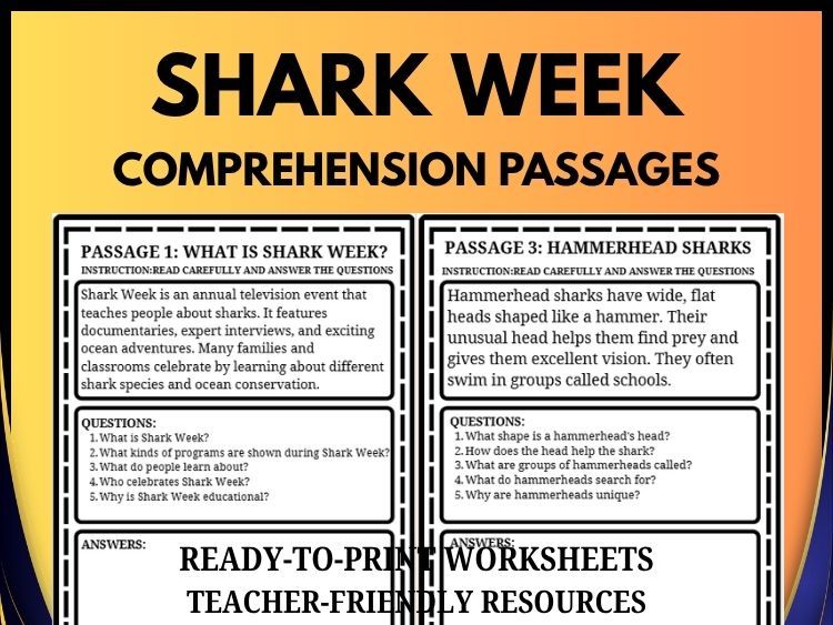 Shark Week Reading Comprehension | 20 Passages, 100 Questions & Answers | Grades 2–8