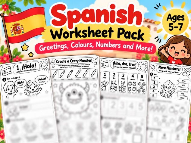 Spanish for Beginners | Fun Worksheets | Greetings, Colours & Numbers 1–5 | KS1 Ages 5–7