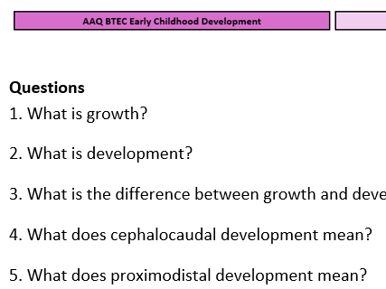 Unit 1 Learning Aim A Retrieval Quiz (20 Questions + Answers) AAQ BTEC Early Childhood Development