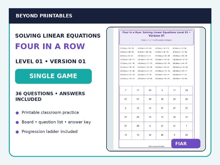 Solving Linear Equations Four in a Row | Level 01 Version 1 | Maths Game