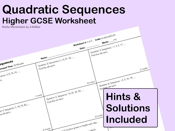 GCSE Maths Worksheet: Quadratic Sequences - Higher Tier