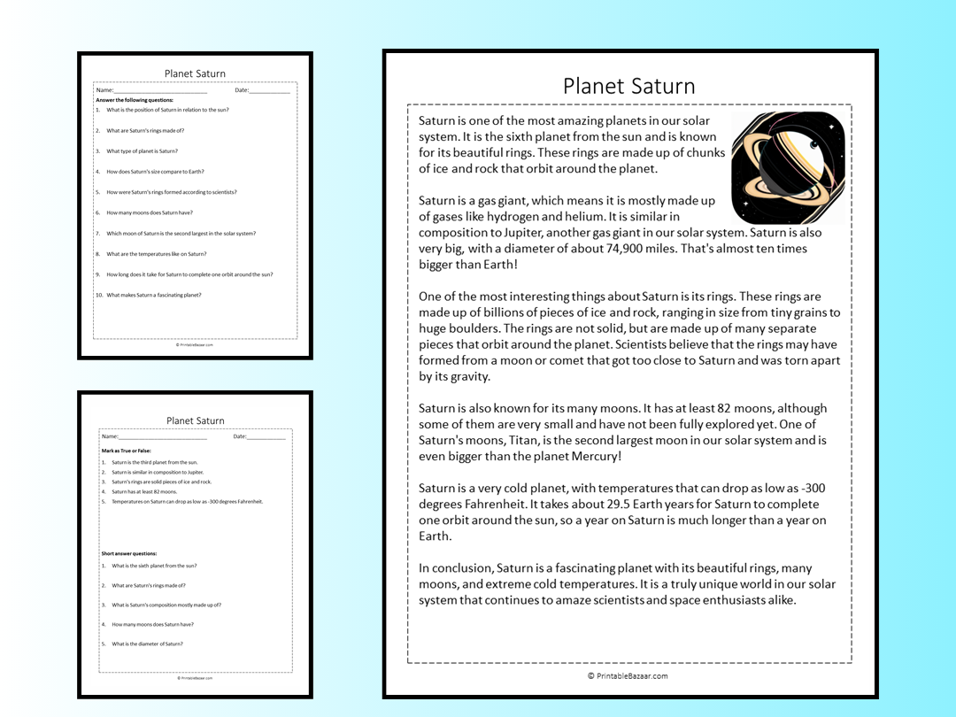 Planet Saturn Reading Comprehension Passage Printable Worksheet ...