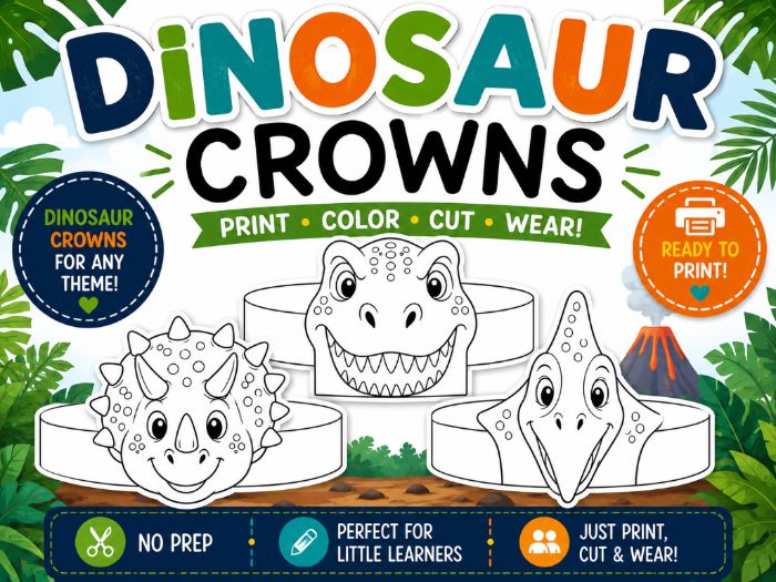 Dinosaur Crowns Craft | Printable Dinosaur Headbands | Color Cut and Wear Hats