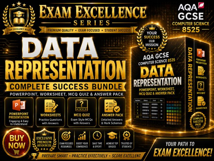 AQA GCSE Computer Science 8525 Data Representation - PowerPoint, Worksheet, MCQ Quiz & Answer Pack
