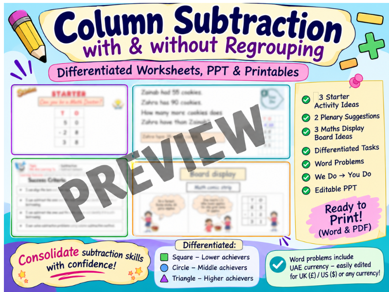 Column Subtraction (With & Without Regrouping) | Complete Lesson & Worksheets