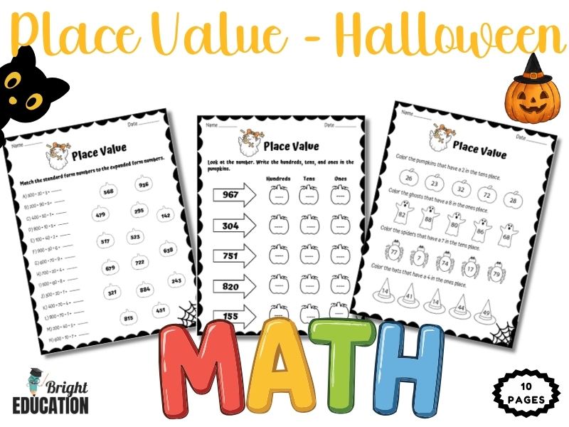 Halloween Place Value Worksheets | 3-Digit Numbers Math Activities (Grades 2–3)