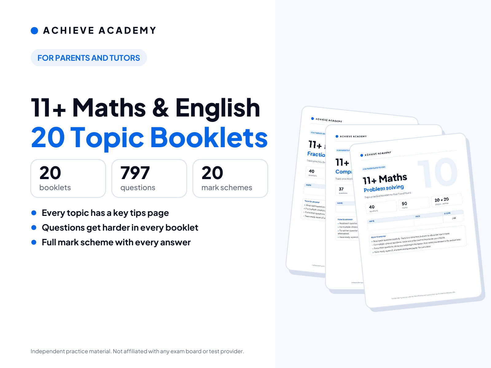 11+ Maths and English Topic Booklets: Complete Set of 20 (Years 5–6)