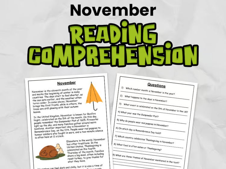 November Reading Comprehension for KS2 | Guided Reading Task