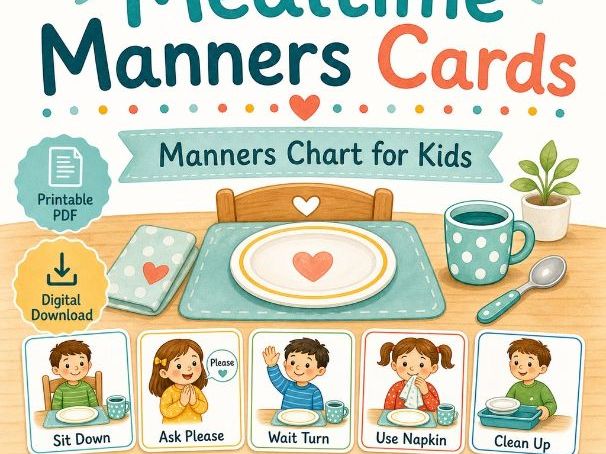 Mealtime Manners Cards | Manners Chart for Kids | Printable PDF | Digital Download