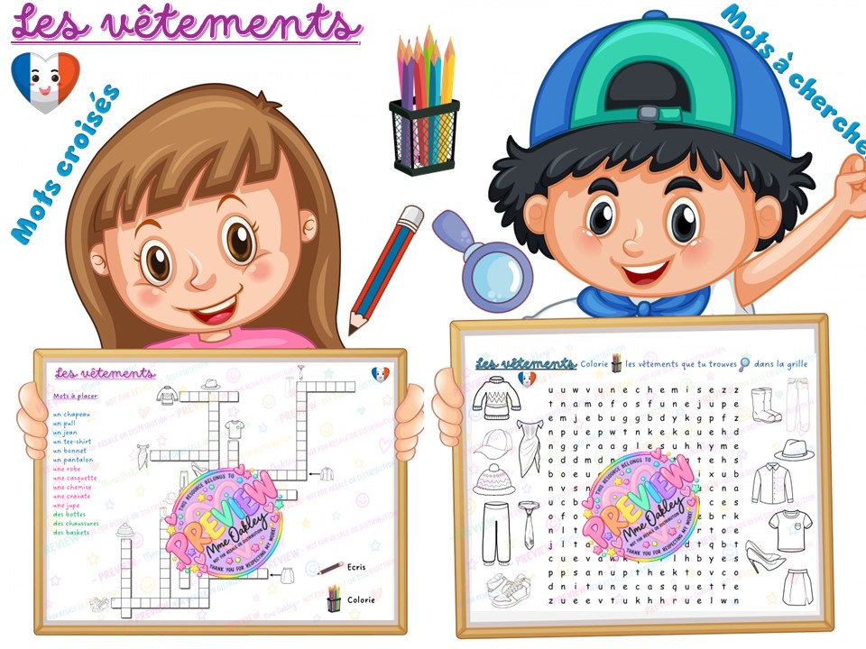 Les vêtements | French Clothes | Wordsearch | Crossword