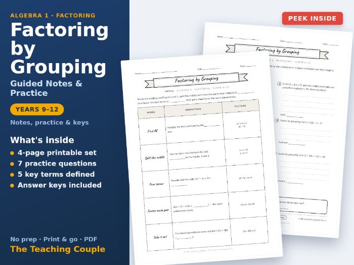 Factoring by Grouping Guided Notes & Practice + Answer Keys