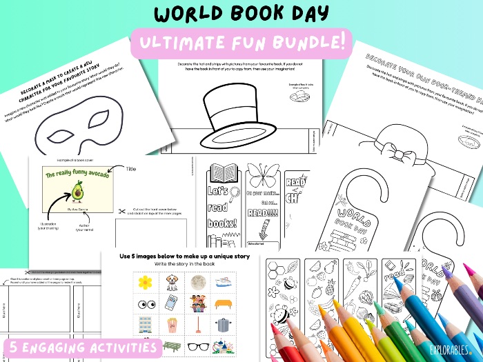 World Book Day Ultimate Fun Bundle Bookmarks Colour In Pages Make a Book Activity Door Hanger Sign