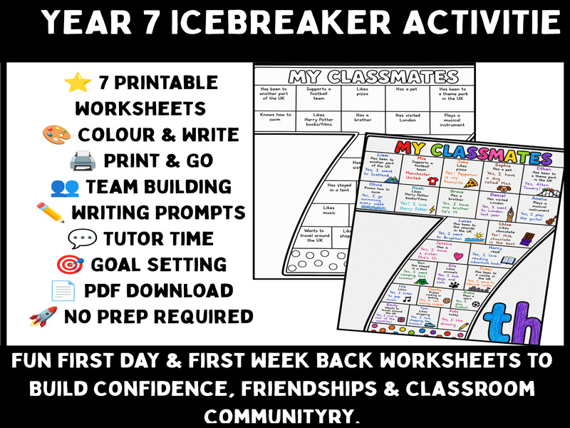 Year 7 Icebreaker Activities | First Day of School | All About Me Workbook | Back to School PDF