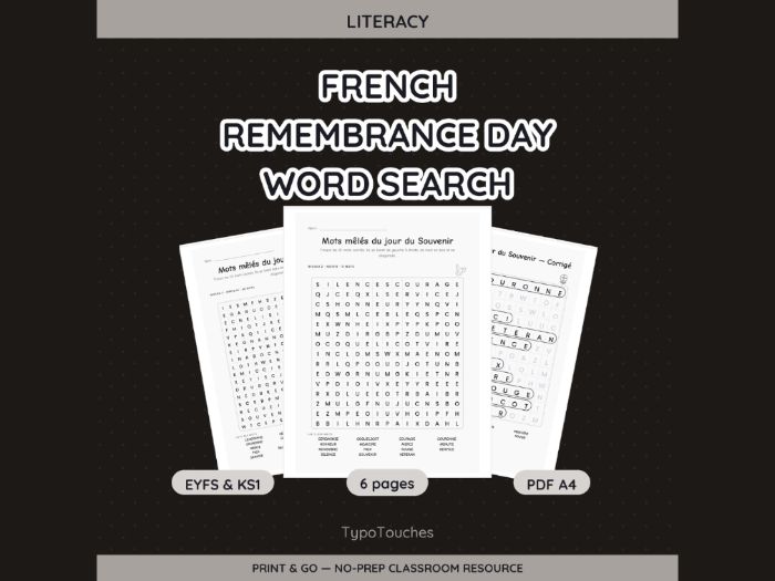 French Remembrance Day Word Search | 6 pp