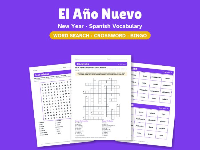 New Year in Spanish: Word Search, Crossword & Bingo