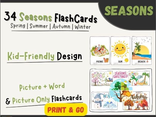 Seasons Flashcards for ESL | Spring Summer Autumn Winter Vocabulary | K-2