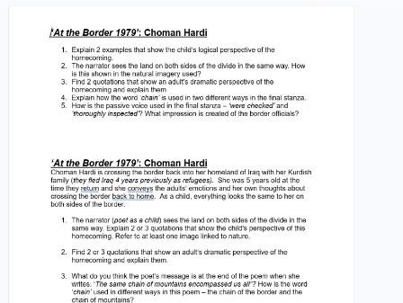 ‘At the Border, 1979’ by Choman Hardi – Annotation Worksheet
