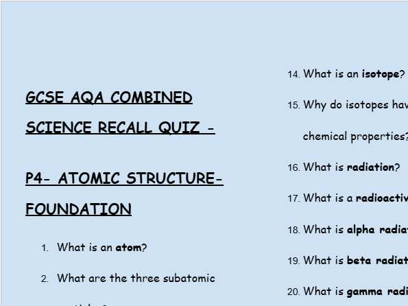 GCSE Physics P4 Atomic Structure – 30 Foundation Retrieval Questions | AQA | + Answers