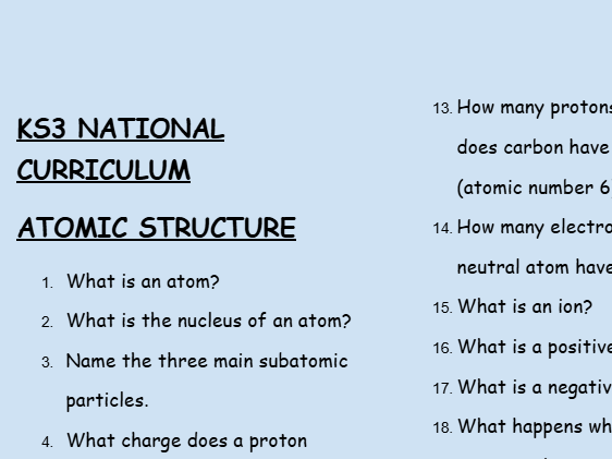 KS3 Chemistry: Atomic Structure – 30 Question Retrieval Worksheet