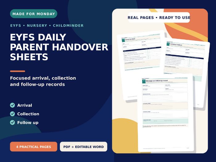 EYFS Daily Parent Handover Sheets - Nursery and Childminder