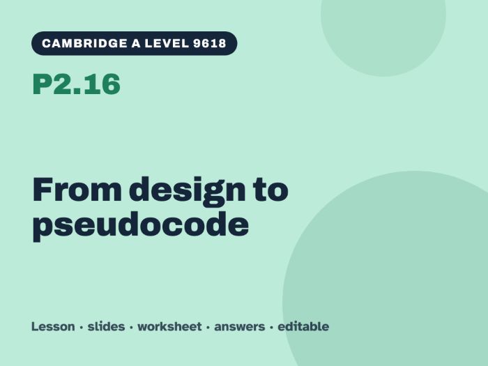 Cambridge A Level Computer Science 9618 – P2.16 From design to pseudocode – Lesson & Worksheet