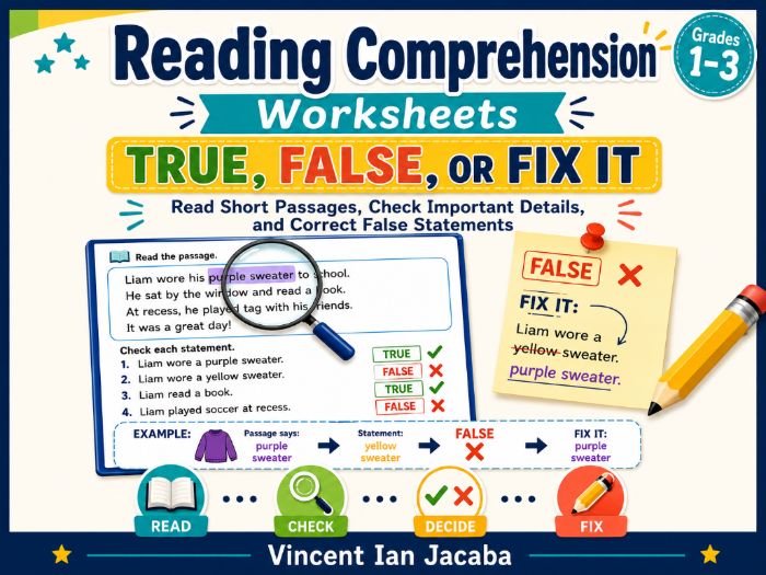 Reading Comprehension Worksheets Grades 1–3 | True, False or Fix It | Close Reading