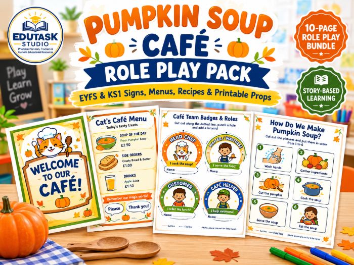 Pumpkin Soup Café Role Play Pack | EYFS & KS1 | Signs, Menus, Recipes & Props