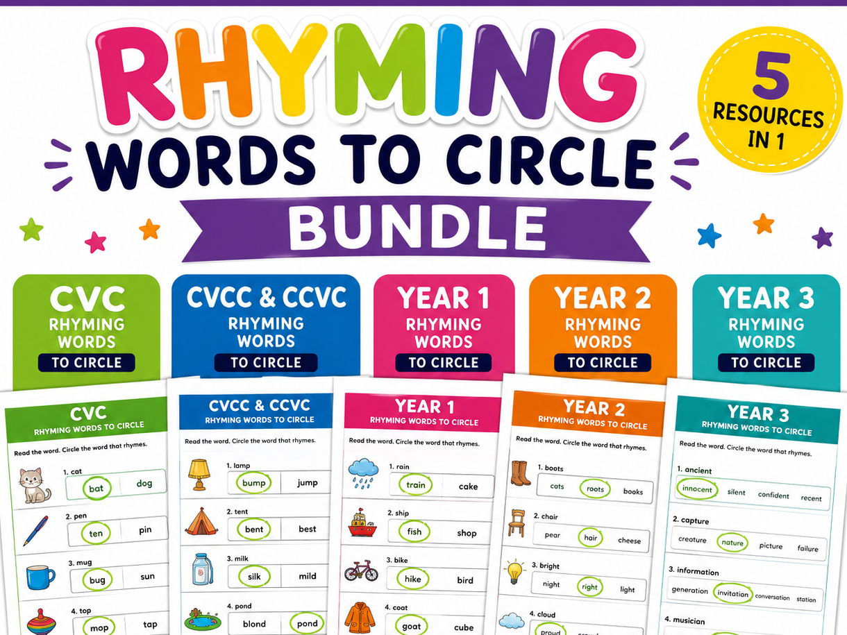Rhyming Bundle - CVC, CVCC, CCVC, Year 1, Year 2 and Year 3 Worksheets with Answers