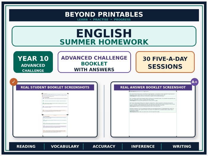 English Summer Homework Booklet Year 10 – Advanced Challenge | 30 Five-a-Day Sessions with Answers