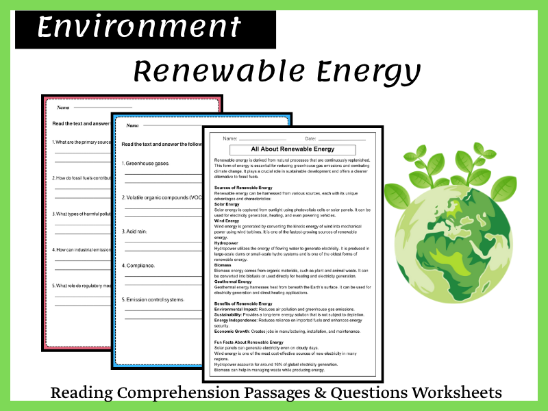 Renewable Energy Reading Comprehension Passages & Questions Worksheets