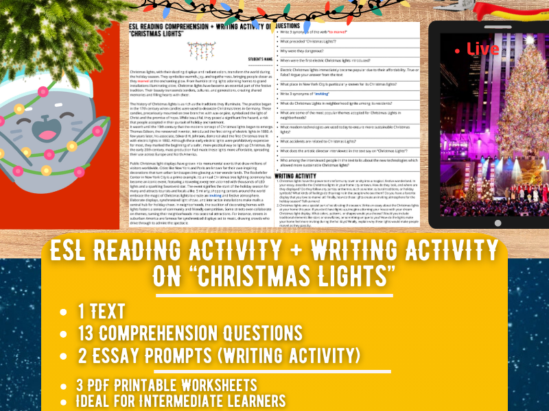 ESL Reading Comprehension + Writing Activity Worksheets on "Christmas Lights"