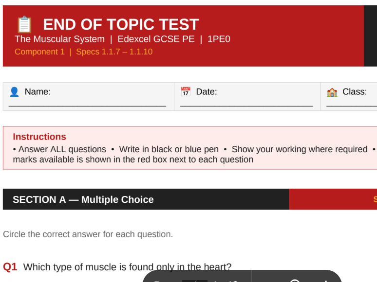 Muscular System | Edexcel GCSE PE | End of Topic Test + Mark Scheme