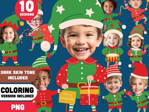 Elf Body Templates, Christmas Craft for Kids, 10 Designs, Light & Dark Skin, PDF + PNG