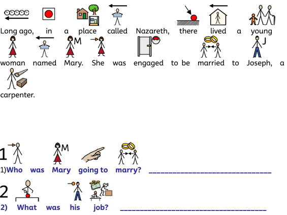 Dual coded/widgit The Christmas Story with questions for KS1, EAL and SEND