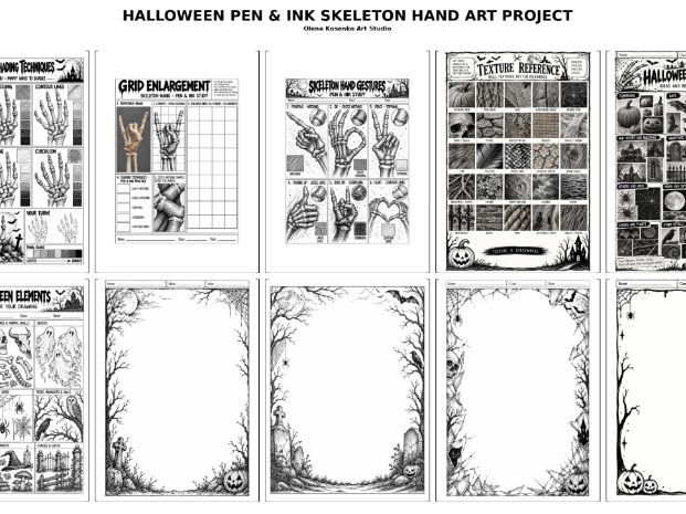 Halloween Pen & Ink Skeleton Hand Art Project | Shading Techniques, Gestures & Drawing Worksheets