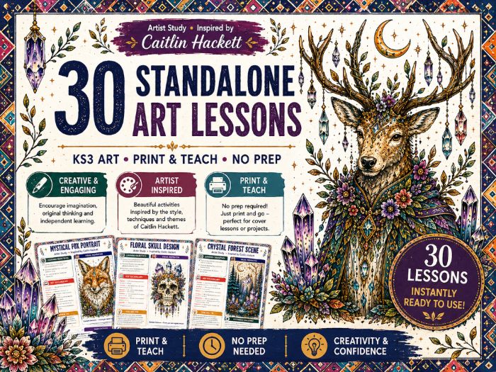 Caitlin Hackett Artist Study | 30 Art Worksheets | KS3 Fantasy Animals, Nature & Illustration