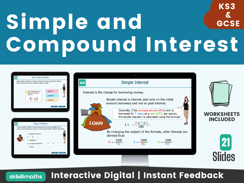 Simple and Compound Interest for KS3 to GCSE Maths Digital Lesson and Printable Worksheets