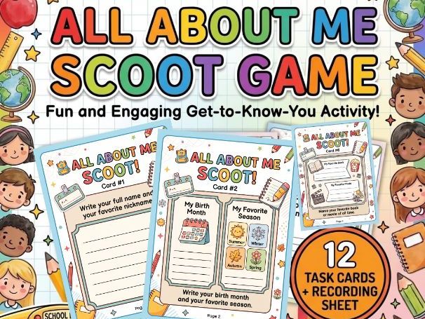 All About Me Scoot Game Back to School Icebreaker 12 Task Cards Activity