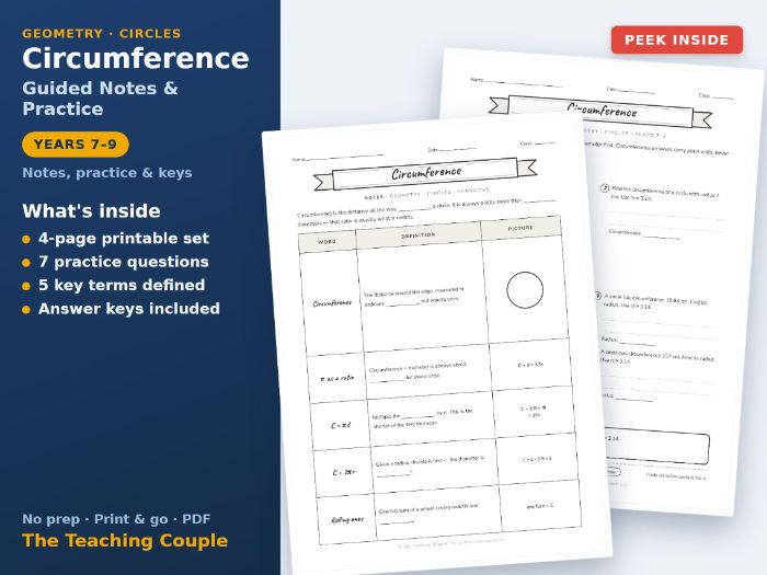 Circumference Guided Notes & Practice + Answer Keys | Years 7-9