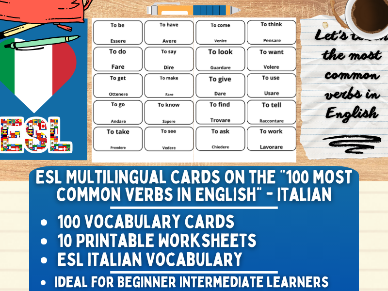 ESL Vocabulary Flashcards - 100 most common verbs in English - Italian