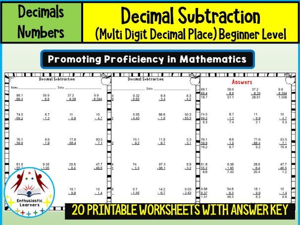 Multi-Digit Decimal Subtraction – Beginner Level Worksheets Math Problems