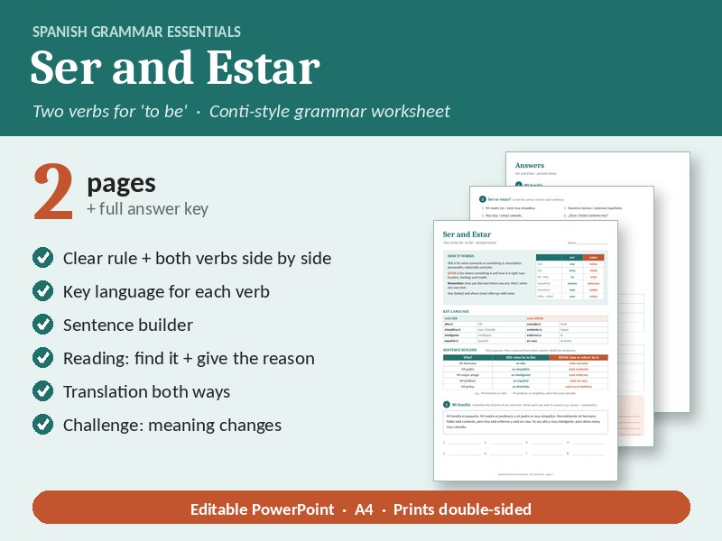 Spanish Ser vs Estar: Conti-Style Grammar Worksheet + Answers