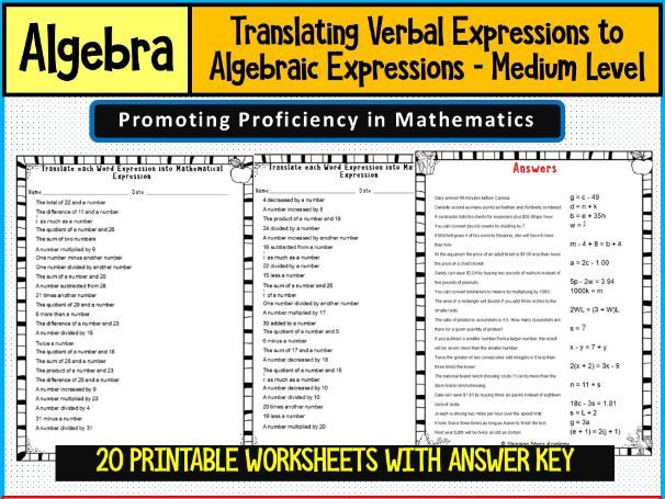 Translating Verbal Expressions to Algebraic Expressions – Worksheets Math Problems Medium Level Diff