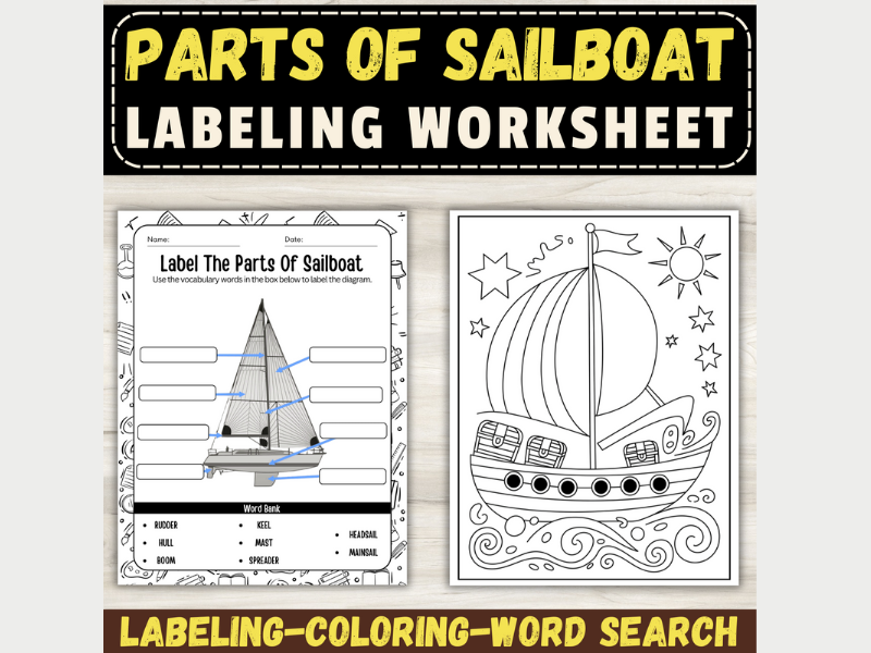Parts of a Sailboat  Coloring Sheets, Diagram Labeling, and Word Search No Prep