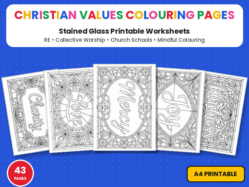 Christian Values Colouring Pages | Stained Glass Designs | Printable Colouring Page Worksheets RE
